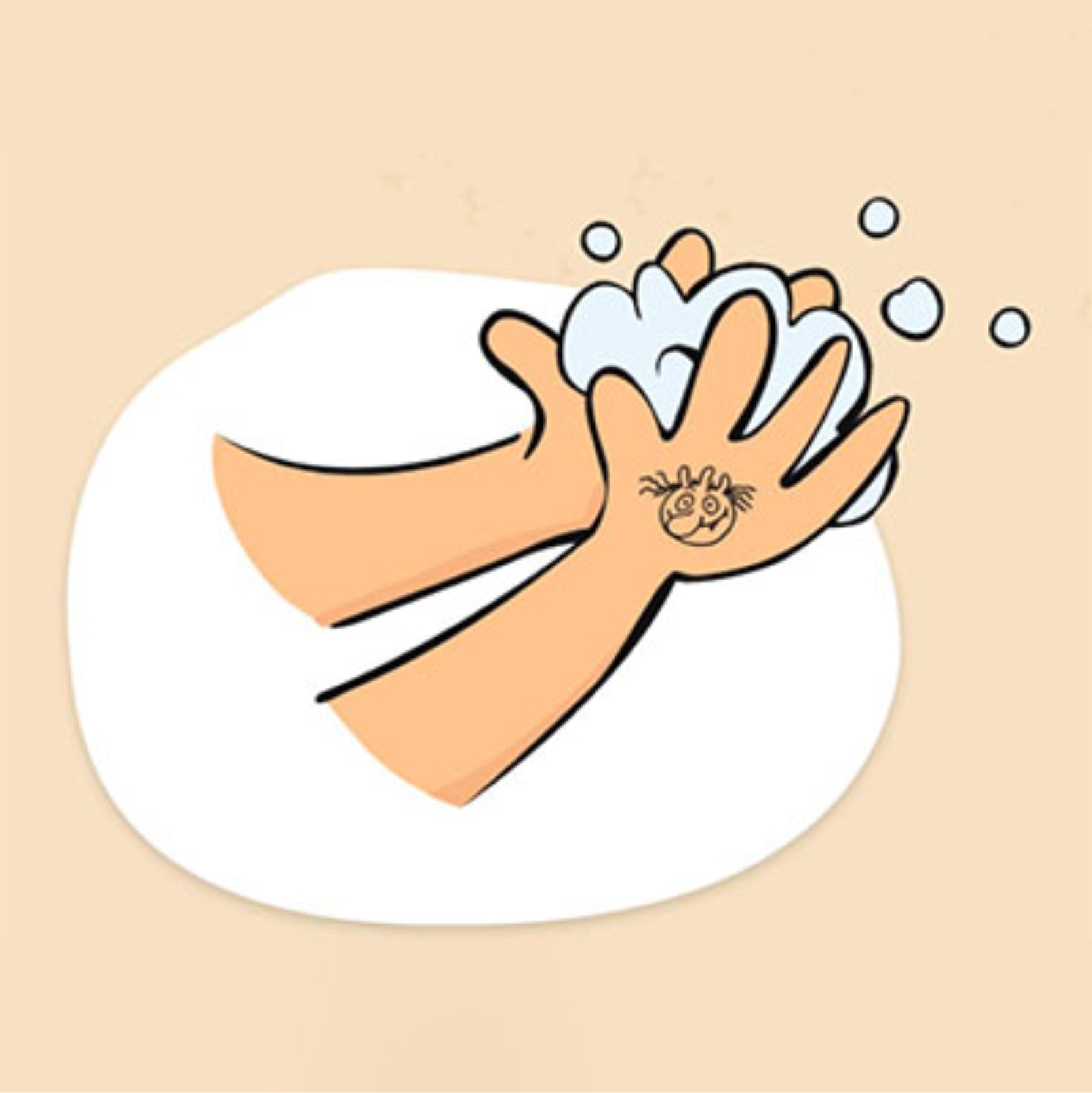 Morgens wird der Olchi auf di​e Hand gestempelt. Im Laufe des Tages werden die Hände gründlich gewaschen bis der Olchi verschwunden ist.