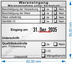 Stempel Warenannahme unter Vorbehalt Qualitätskontrolle gemäß Prüfanweisung 54110