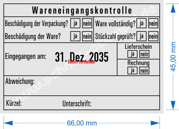 Abdruck Musterstempel Wareneingangskontrolle Abweichung Stückzahl geprüft