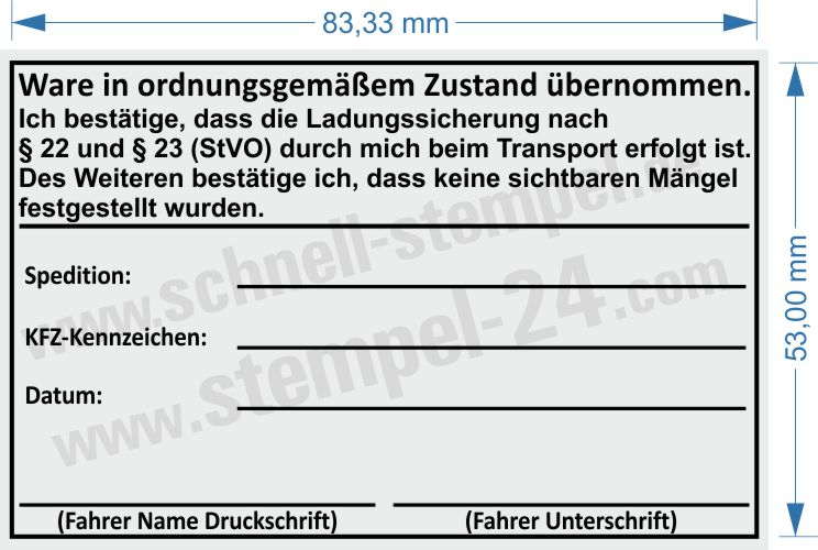 Stempel Ladungssicherung durch mich beim Transport erfolgt. Stempel Ladungssicherung durch mich beim Transport erfolgt.