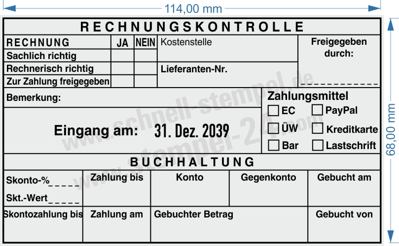 Muster Kontierungsstempel Rechnungskontrolle Zahlungsmittel gebuchter Betrag