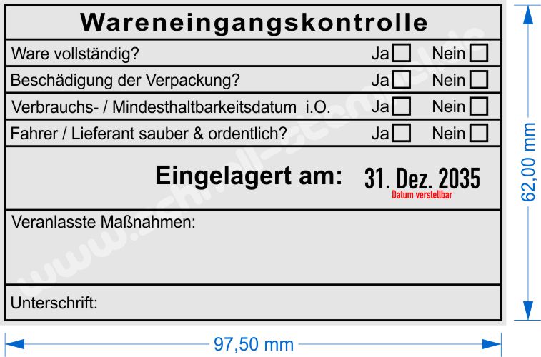 Muster Wareneingangsstempel Ware eingelagert