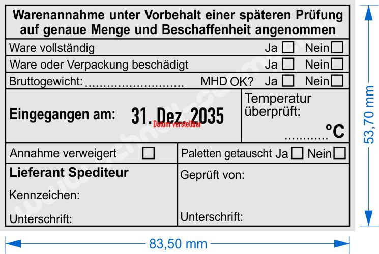 Muster Stempel Warenannahme Gewicht Temperatur