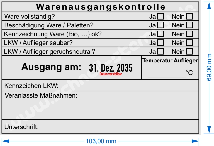 Muster Stempel Warenausgangskontrolle Kühlware Auflieger Temperatur