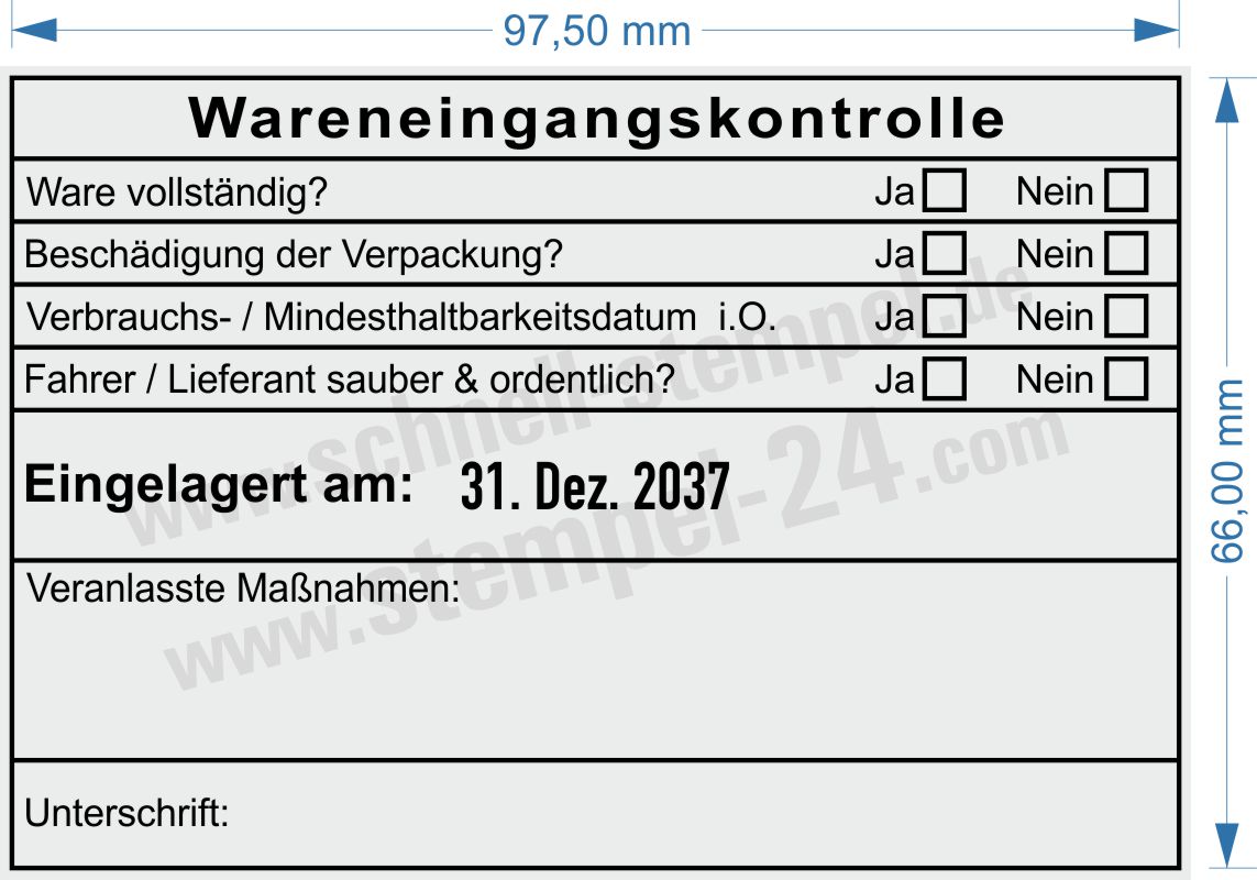 Muster Wareneingangsstempel Ware eingelagert