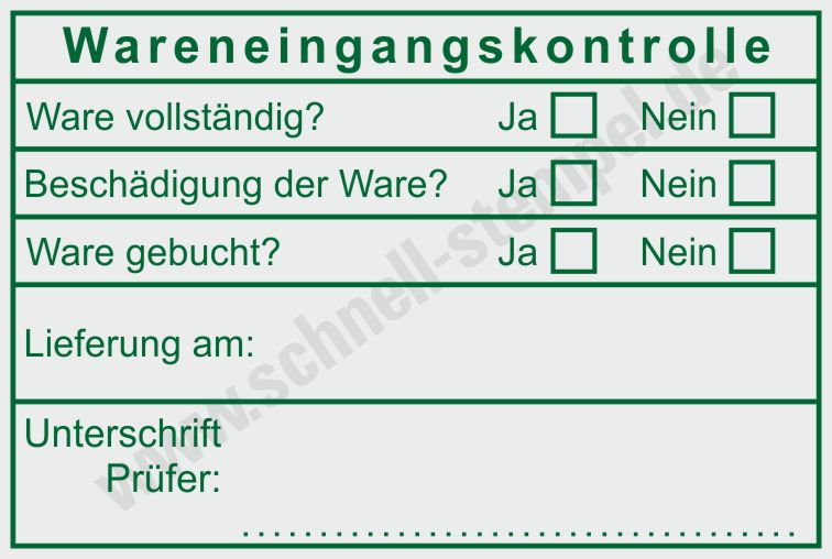 Muster Grüner Stempel Wareneingang Unterschrift Prüfer