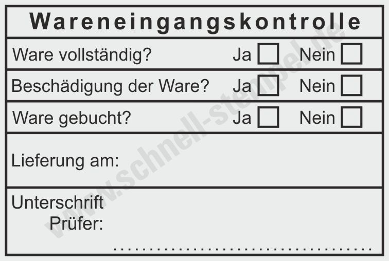 Muster Schwarzer Stempel Wareneingang Unterschrift Prüfer