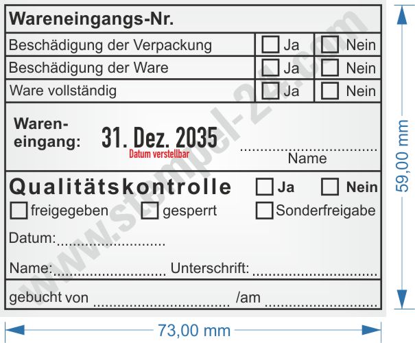 Muster Stempel Wareneingangskontrolle mit Wareneingangsnummer