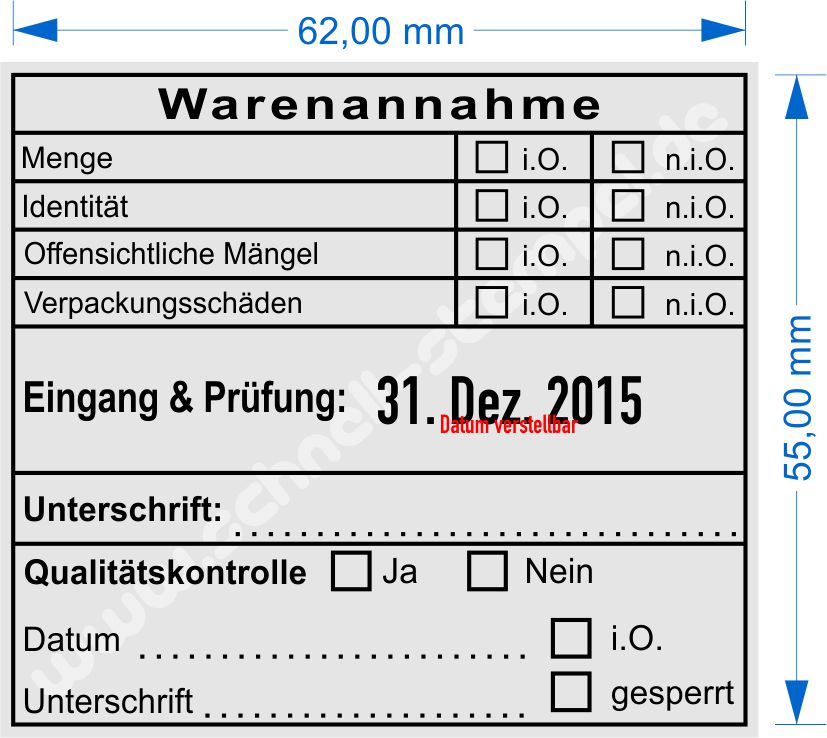 Musterandruck Stempel Warenannahme Menge Identität