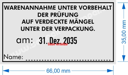 Musterstempel Warenannahme unter Vorbehalt der Prüfung auf verdeckte Mängel unter der Verpackung