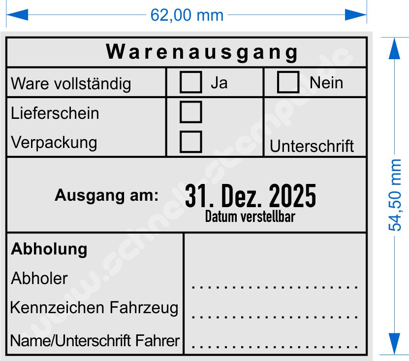 Abdruckmuster Warenausgangsstempel Ware vollständig Lieferschein Verpackung Unterschrift Ausgang am Abholung Abholer Kennzeichen Fahrzeug Name/Unterschrift Fahrer